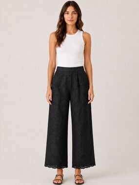 Zara Black Eyelet Embroidery Wide Leg Culotte Pants XS High Waist Boho Coquette